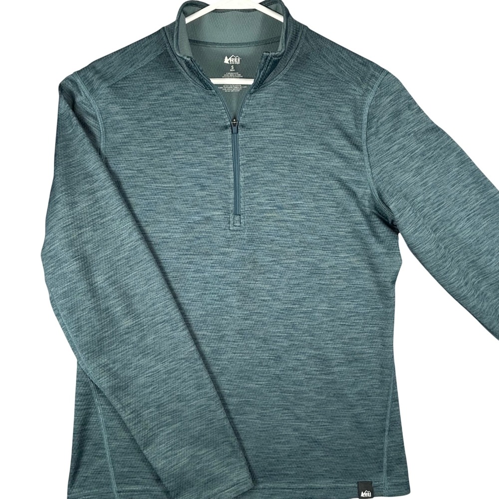REI Co-op Mens Quarter Zip Pullover Heathered Teal Blue Grid Fleece Small